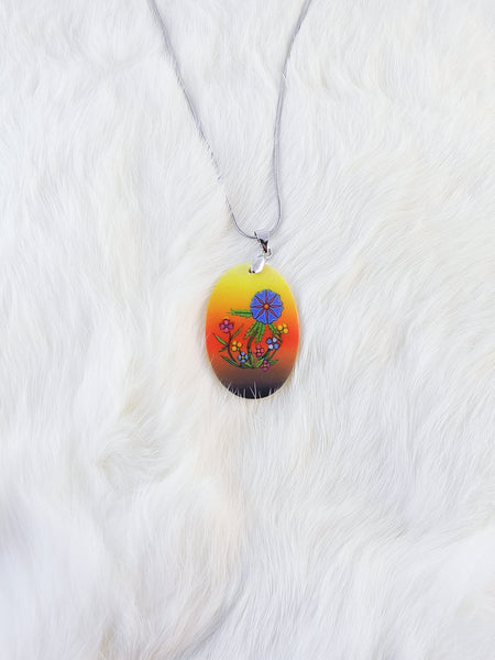 Anishnabe Flowers Oval Shell Pendant Necklace